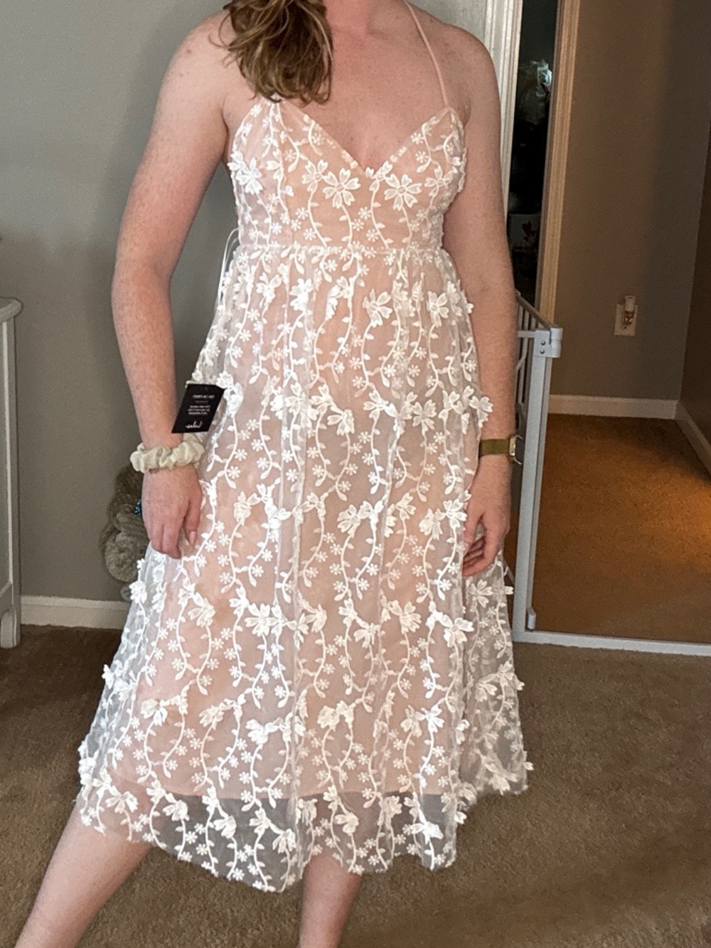 Lulu's Blush Midi Dress with White Floral Lace Overlay